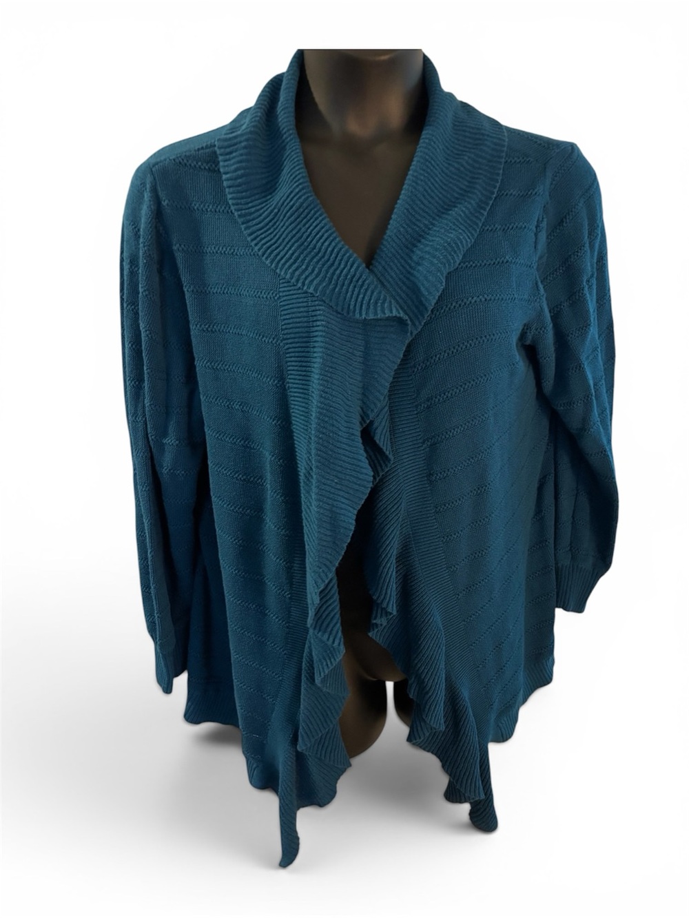 Cato Teal Open-Front Ruffle Shawl Collar Cardigan